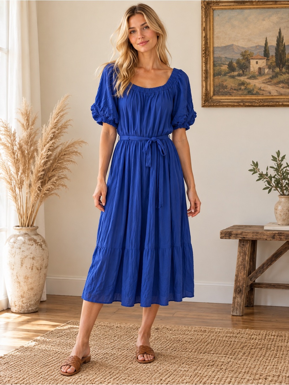 A Love Story Bohemian Scoop Neck Midi Dress in Royal Blue - Tie Waist
